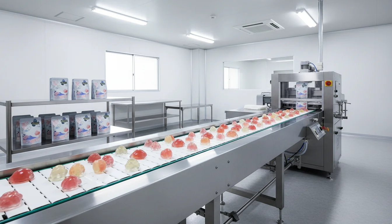 菓子の製造設備が並ぶ工場内の作業スペース